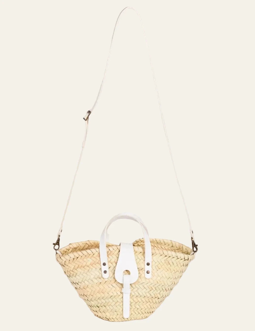 Zahira Mini palm leaf basket bag with white calfskin top handles and strap shoulder