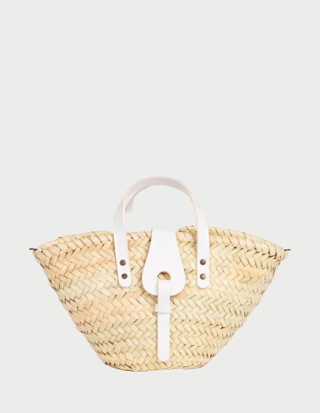 Zahira Mini palm leaf basket bag with white calfskin top handles, front view