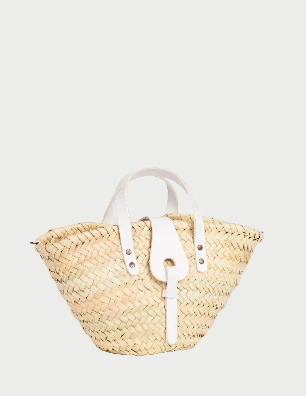 Zahira Mini palm leaf basket bag with white calfskin top handles front view.