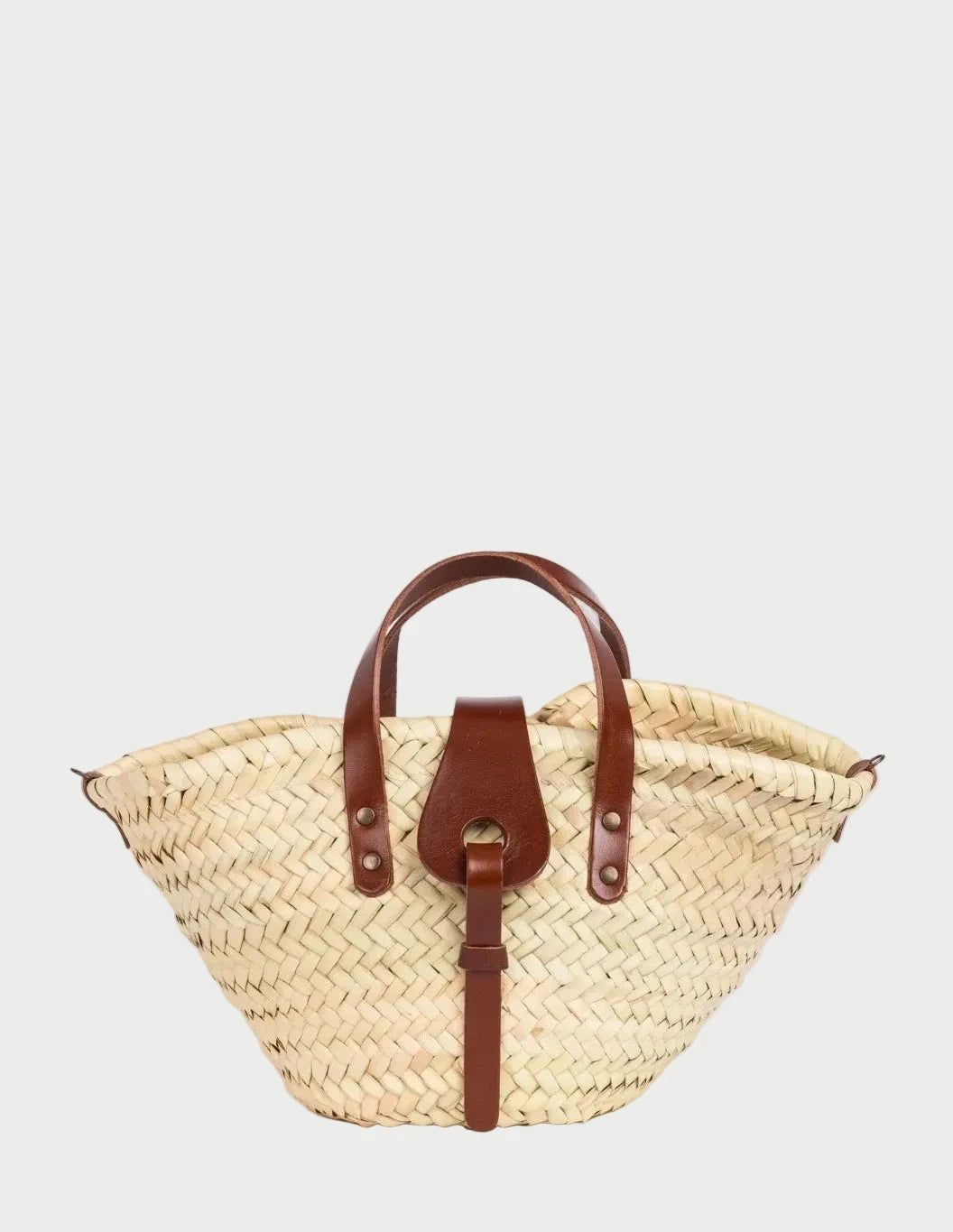 Zahira Mini handwoven palm leaf basket bag with dark brown calfskin top handles