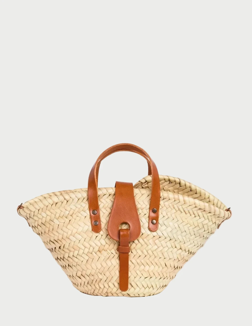 Zahira Mini handwoven palm leaf basket bag with light brown calfskin top handles