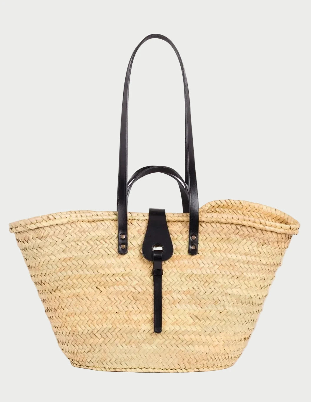 Zhour Large palm leaf basket bag with black calfskin handles and shoulder straps, front view