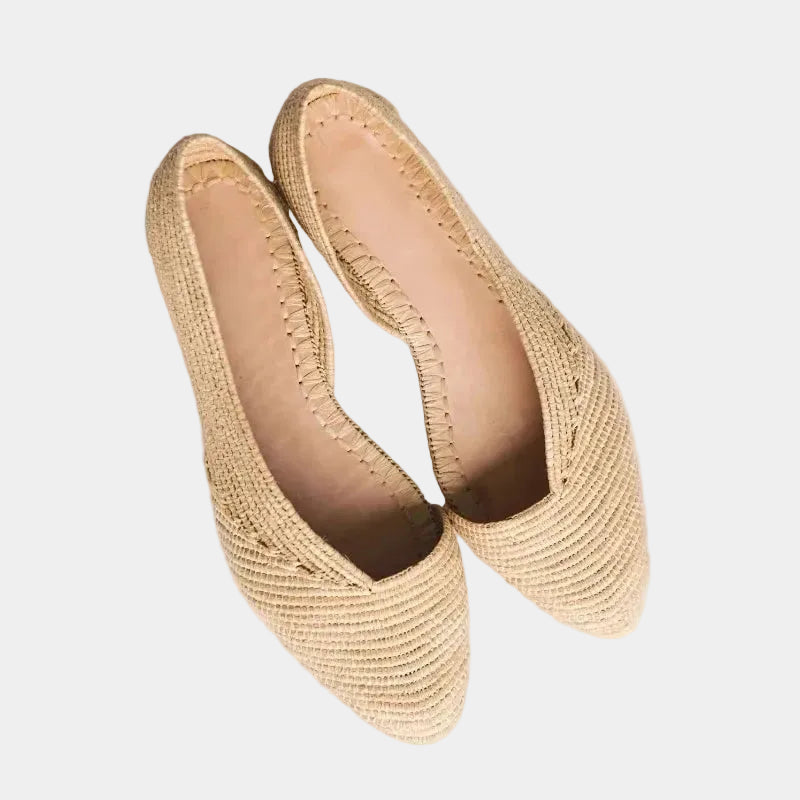 Top view of Zineb raffia flats showing leather insole and hand-crocheted weave